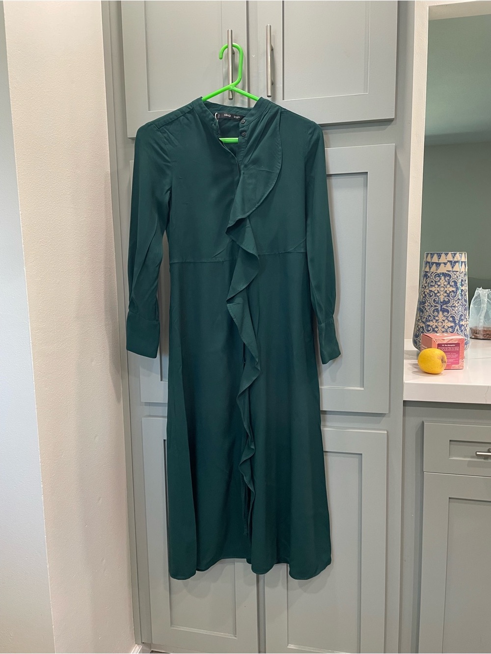 Mango Dark Green Long Sleeve Ruffle Front Midi Dress